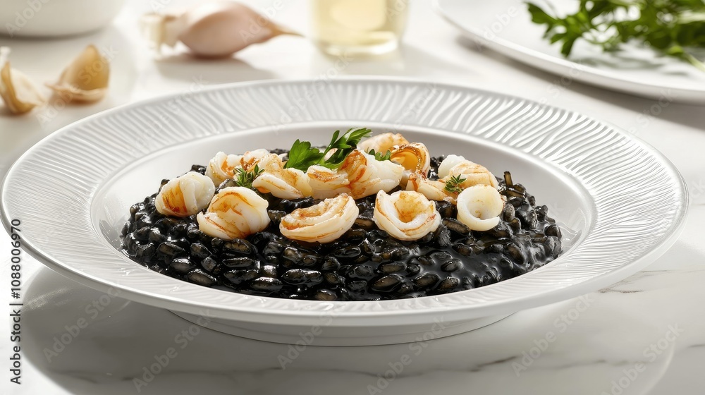 Black Risotto with Shrimp and Garlic Garnish Served on a White Plate in a Modern Kitchen Setting with Fresh Ingredients in the Background Black Risotto with Shrimp and Garlic Garnish Served on a White Plate in a Modern Kitchen Setting with Fresh Ingredients in the Background