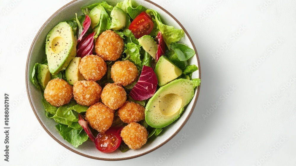 Fresh and Colorful Salad with Crispy Balls, Avocado Slices, Cherry Tomatoes, and Leafy Greens Served in a Bowl on a White Background Fresh and Colorful Salad with Crispy Balls, Avocado Slices, Cherry Tomatoes, and Leafy Greens Served in a Bowl on a White Background