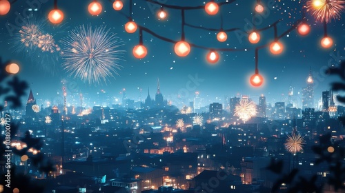 Vibrant Skyline with New Year Lights and Fireworks Display