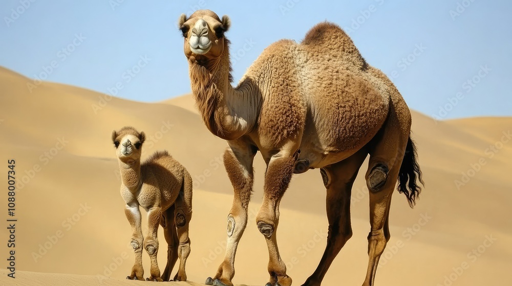 A Majestic Camel Mother and Her Calf Walking Gracefully Through the Golden Sand Dunes of a Vast Desert Landscape under a Clear Blue Sky A Majestic Camel Mother and Her Calf Walking Gracefully Through the Golden Sand Dunes of a Vast Desert Landscape under a Clear Blue Sky