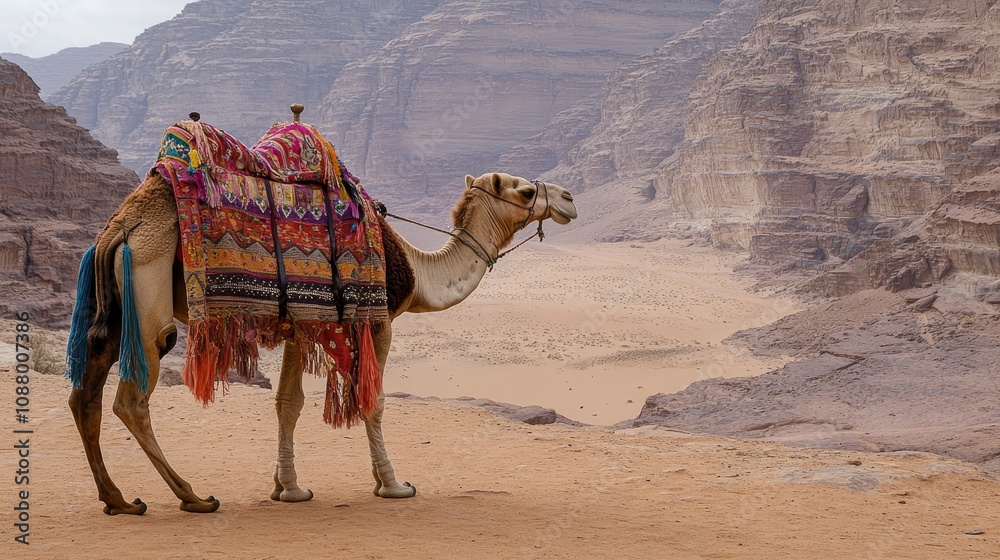 Fototapeta premium Camel Walking Through Desert Landscape with Colorful Saddle Blankets Surrounded by Majestic Rock Formations in Wadi Rum, Jordan