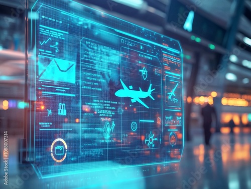 Digital Display of Smart Contract Terms for Aviation Management High-Tech Airport Terminal Futuristic Technology Environment Strategic Viewpoint Enhancing Transparency