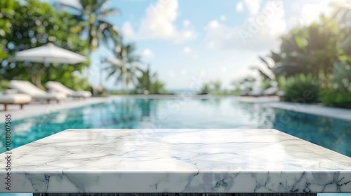 A serene outdoor pool scene featuring a marble table, lush greenery, and tranquil waters under a bright sky.