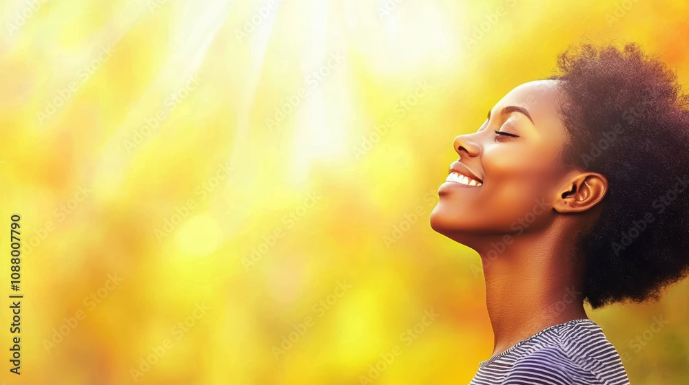 Joyful Woman Enjoying Nature with Closed Eyes, Sunlight Illuminating Her Face in a Beautiful Outdoor Setting Surrounded by Soft Yellow Hues of Autumn Leaves Joyful Woman Enjoying Nature with Closed Eyes, Sunlight Illuminating Her Face in a Beautiful Outdoor Setting Surrounded by Soft Yellow Hues of Autumn Leaves