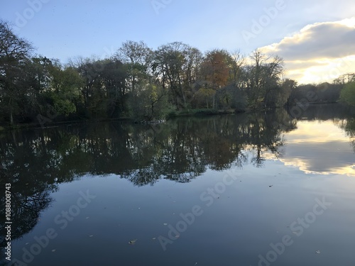 A body of water with trees in the background