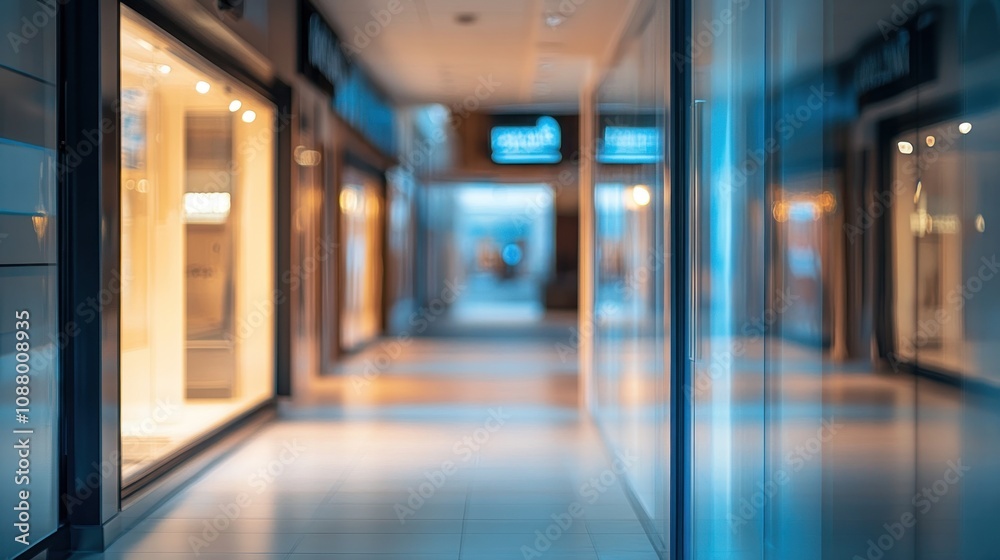 Blurred view of empty mall corridor with lit up storefronts. Blurred view of empty mall corridor with lit up storefronts.