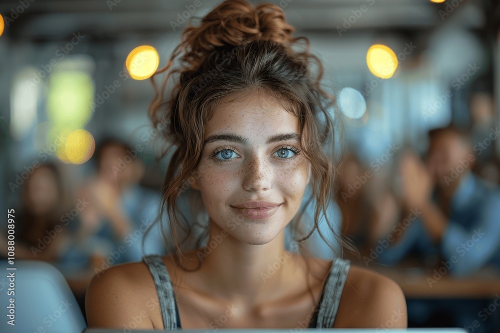 Successful Young Businesswoman Smiling at Desk with Laptop in Office
