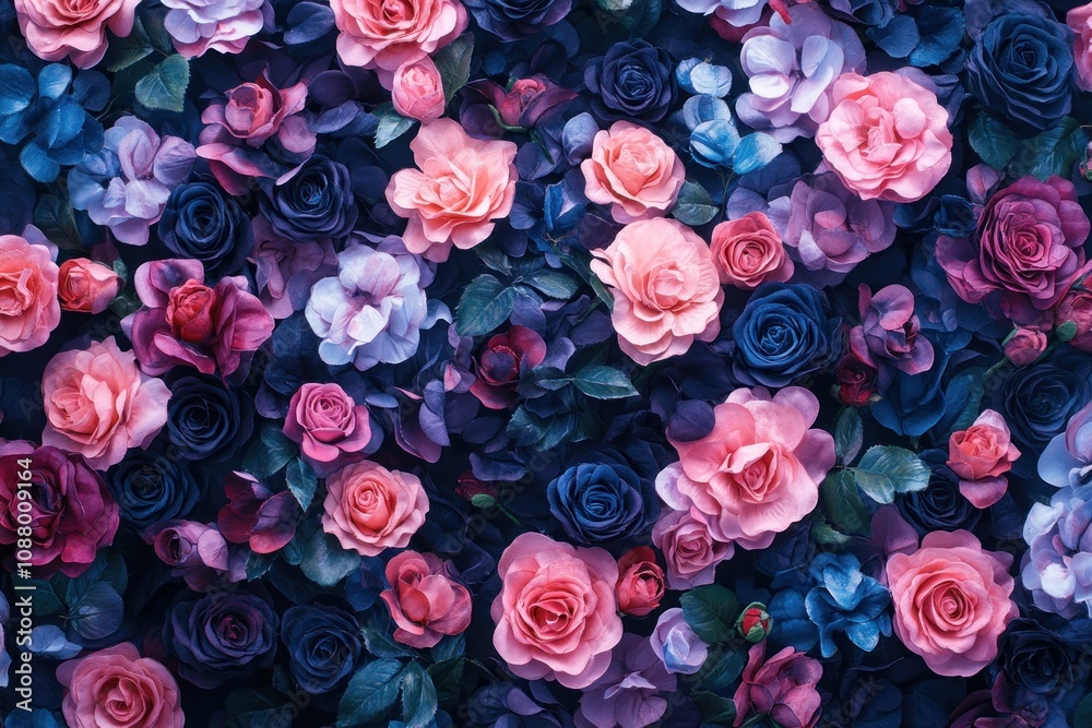 A vibrant floral wall of pink, blue, and purple roses and leaves. A vibrant floral wall of pink, blue, and purple roses and leaves.