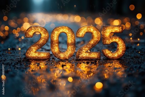 2025 in Gold Letters with Glitter Effect, Glitter and Bokeh Lights Background for New Year