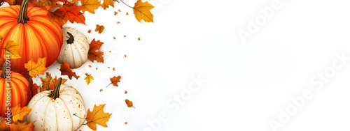 Fall banner with pumpkins and yellow leaves on white background. Autumn banner concept.