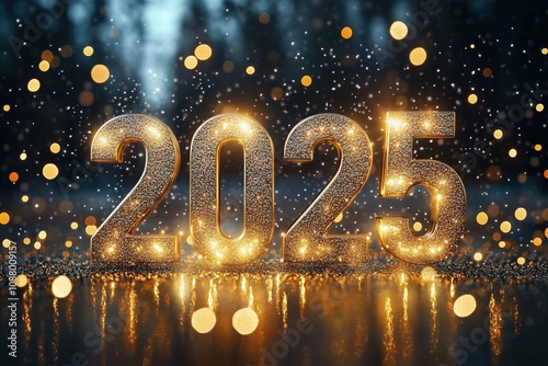 New Year Banner - 2025 in Gold Letters with Glitter Effect and Bokeh Lights Background for New Year