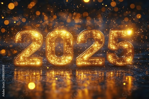 2025 in Gold Letters with Glitter Effect, Glitter and Bokeh Lights Background for New Year