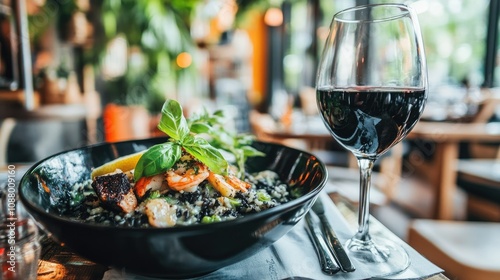 Gourmet Black Risotto with Shrimp and Basil Served with a Glass of Red Wine in a Cozy Restaurant Setting, Ideal for Food Lovers and Culinary Enthusiasts