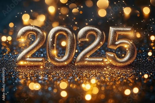 New Year Banner - 2025 in Gold Letters with Glitter Effect and Bokeh Lights Background for New Year