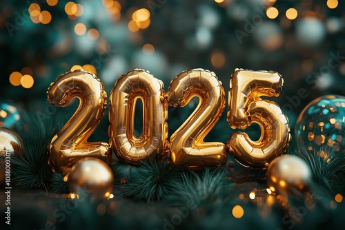 2025 with Gold Decoration, Bokeh Lights and Festive New Year Decoration