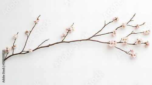 Elegant cherry blossom branch arranged on a white background showcasing delicate blooms and organic textures