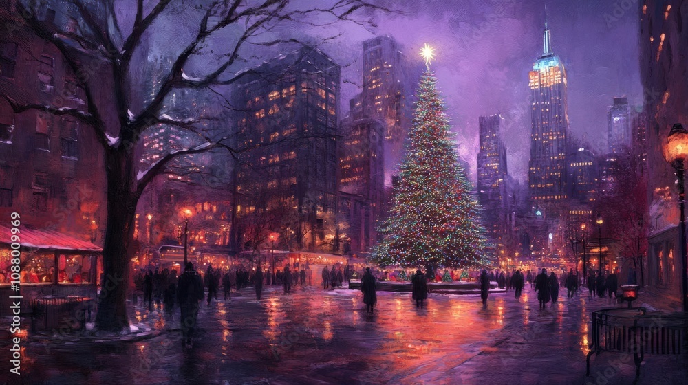 Festive Christmas Tree in Urban Evening Glow Festive Christmas Tree in Urban Evening Glow