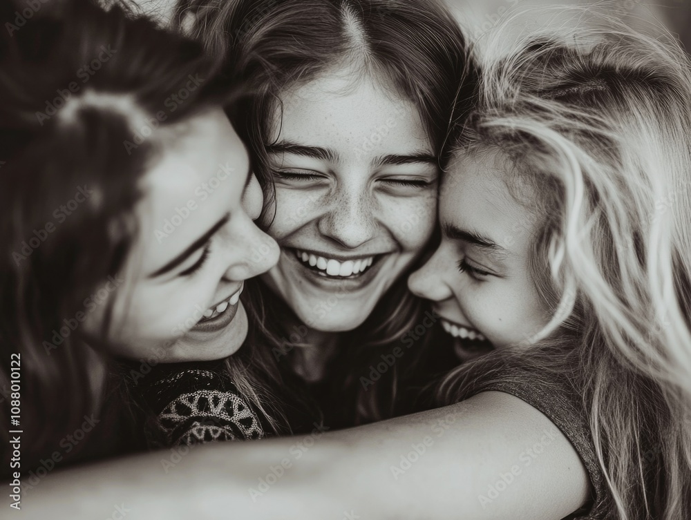 Joyful Hugs: Three Sisters Embracing with Smiles Joyful Hugs: Three Sisters Embracing with Smiles