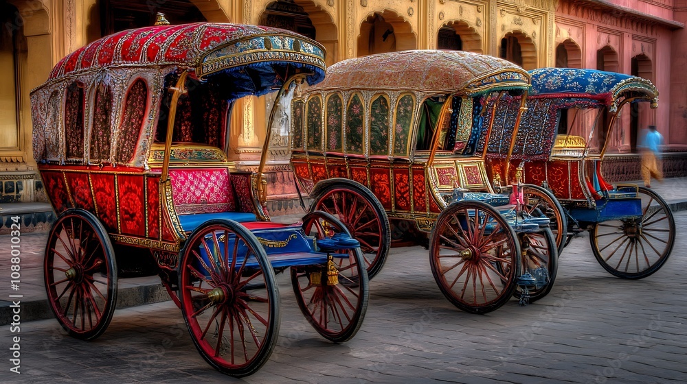 Fototapeta premium Colorful traditional rickshaws displayed in a vibrant cultural setting.