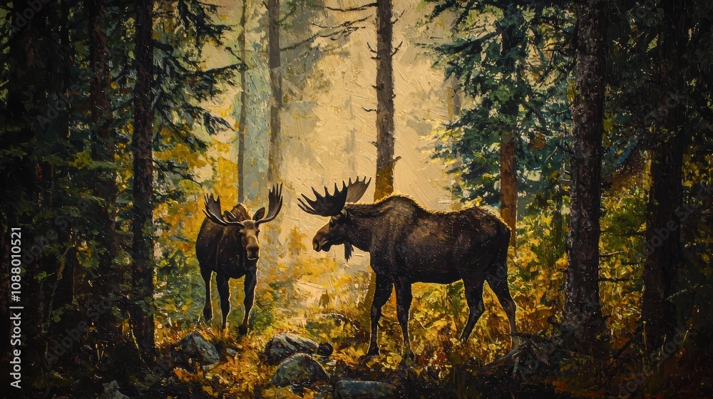 Two Majestic Moose Stroll Through a Sunlit Forest, Surrounded by Tall Trees and Lush Greenery, Capturing the Essence of Wildlife in Nature's Tranquility