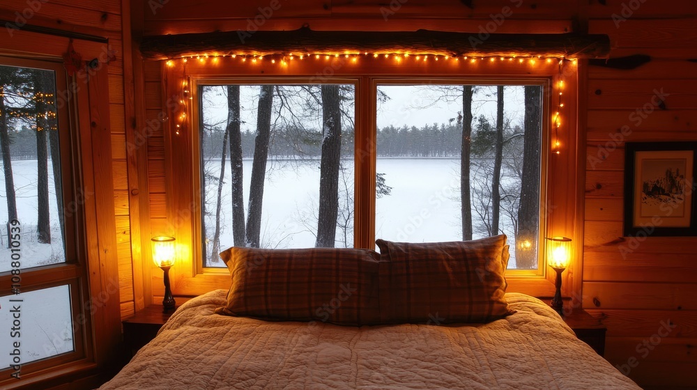 Fototapeta premium Cozy Bedroom with Decorative Lights Overlooking a Snowy Landscape, Winter Retreat Style, Inviting Atmosphere for Relaxation and Comfort in Nature