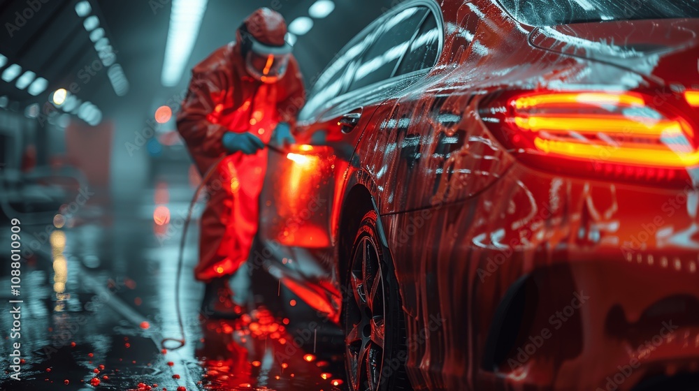 Worker in Protective Suit Painting Car with Spray Gun in Auto Workshop