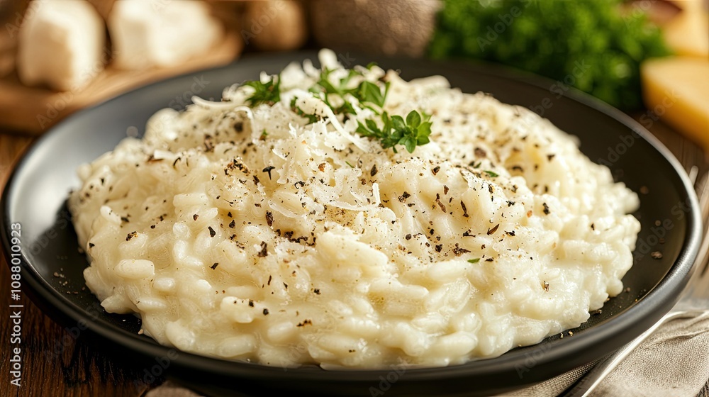 Creamy Risotto with Parmesan Cheese and Fresh Herbs on Rustic Wooden Table Surrounded by Cooking Ingredients, Perfect for Food Lovers and Culinary Enthusiasts Creamy Risotto with Parmesan Cheese and Fresh Herbs on Rustic Wooden Table Surrounded by Cooking Ingredients, Perfect for Food Lovers and Culinary Enthusiasts