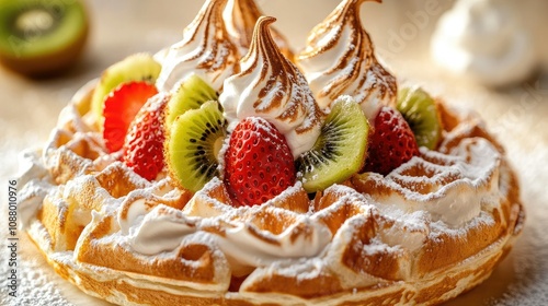 Delectable Dessert Waffle Topped with Fresh Strawberries, Slices of Kiwi, and Creamy Meringue, Finished with a Dusting of Powdered Sugar