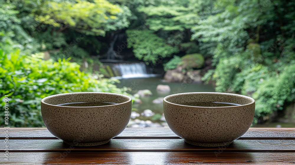 smooth stone bowls arranged on a weathered wooden dock with a softly blurred background, symbolizing balance, tranquility, and connection to nature's elements in a serene, rustic setting smooth stone bowls arranged on a weathered wooden dock with a softly blurred background, symbolizing balance, tranquility, and connection to nature's elements in a serene, rustic setting