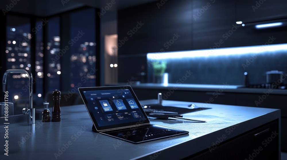 Modern Smart Home Dashboard on Stylish Kitchen Counter Modern Smart Home Dashboard on Stylish Kitchen Counter