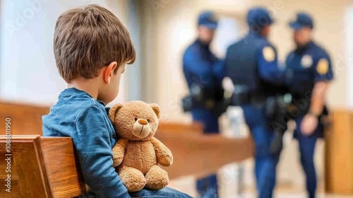 A young boy sits alone on a bench in a courtroom, clutching a teddy bear as police officers escort someone away in the background.