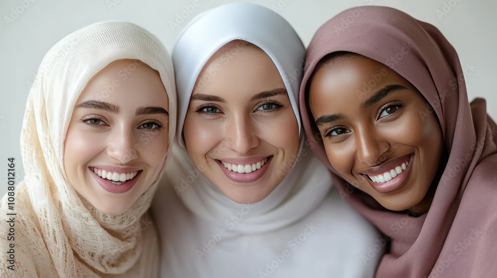 Smiling Women in Hijabs Showcasing Unity and Diversity in Cultural Celebration, Radiating Joy and Friendship in a Light and Inviting Atmosphere Smiling Women in Hijabs Showcasing Unity and Diversity in Cultural Celebration, Radiating Joy and Friendship in a Light and Inviting Atmosphere