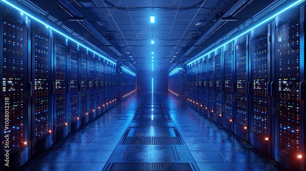 Modern Data Center with Blue Lights and Server Racks for AI and Machine Learning