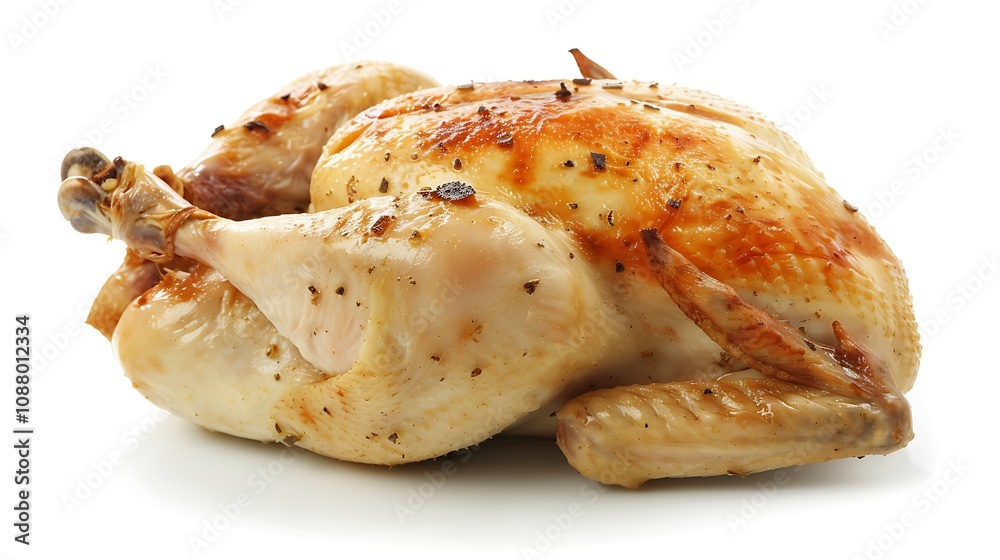A roasted chicken, golden-brown and seasoned, presented on a white background, ready for serving. A roasted chicken, golden-brown and seasoned, presented on a white background, ready for serving.