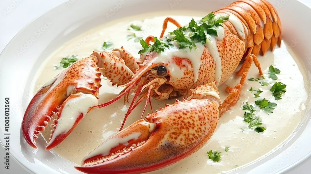 Freshly Prepared Lobster with Cream Sauce and Herbs on a White Plate, Ideal for Gourmet Dining and Seafood Cuisine Promotion Freshly Prepared Lobster with Cream Sauce and Herbs on a White Plate, Ideal for Gourmet Dining and Seafood Cuisine Promotion