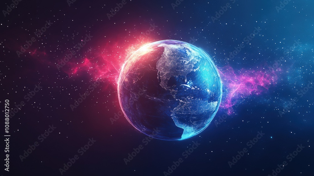 Fototapeta premium Earth with neon glow and starry background