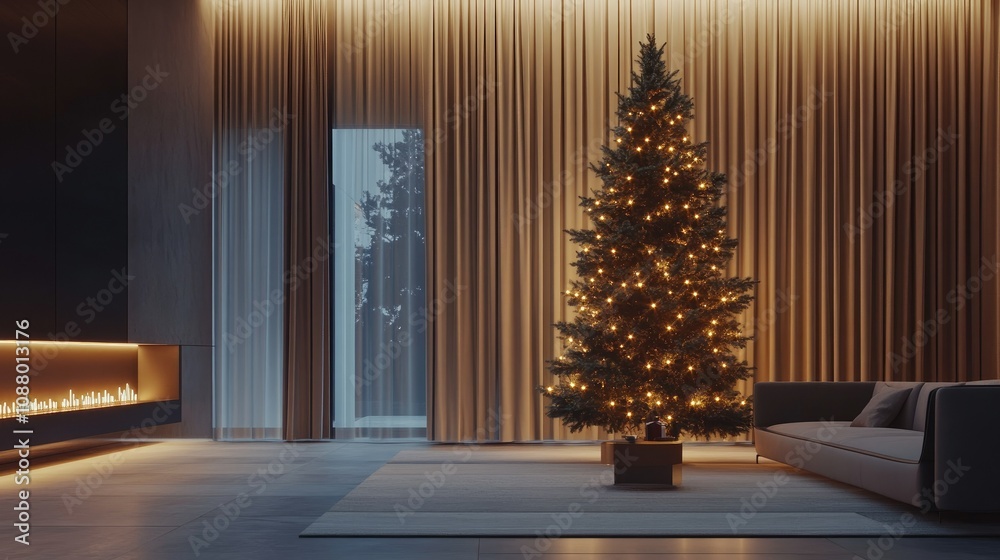 Fototapeta premium Cozy and Elegant Living Room with a Beautifully Decorated Christmas Tree Illuminated by Soft Lights During the Holiday Season