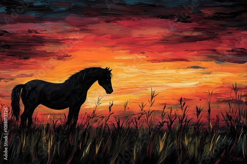 A lone black horse stands in a field of tall grass against a dramatic sunset sky. photo