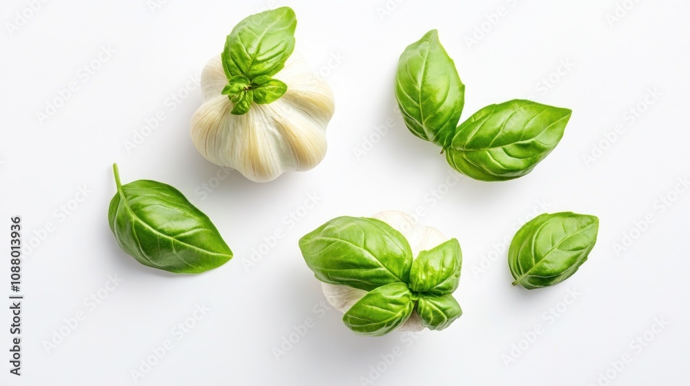 Fototapeta premium Two whole garlic bulbs with green basil leaves on white background.