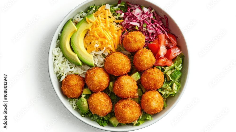 Colorful and Delicious Bowl of Fried Balls with Fresh Vegetables and Avocado Slices for Healthy Eating and Nutrition Awareness Colorful and Delicious Bowl of Fried Balls with Fresh Vegetables and Avocado Slices for Healthy Eating and Nutrition Awareness