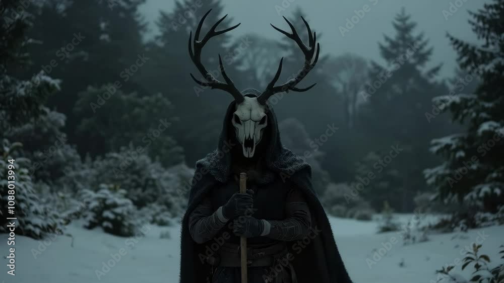 Pagan shaman wearing in horn animal skull and cloak on blurred winter landscape. Wiccan religion. Slavic or Scandinavian culture. Mystical magic ritual for celebrating Yule, New Year