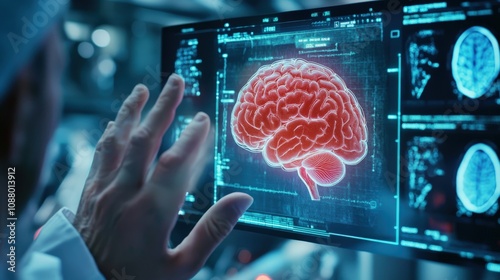 Hand Interacting with Digital Brain Scan on a Computer Screen