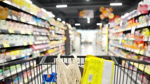 Happy Asian woman enjoy urban lifestyle shopping at department store. Woman pushing supermarket cart choosing, checking price and buy food and grocery on shelf in supermarket at shopping mall.