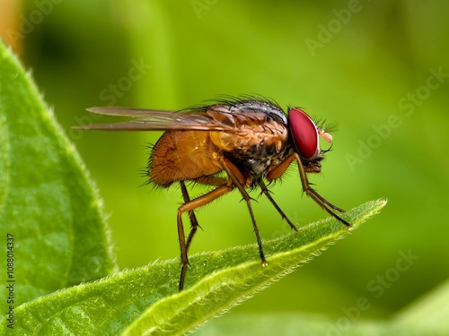 house fly on green leaf with blur background