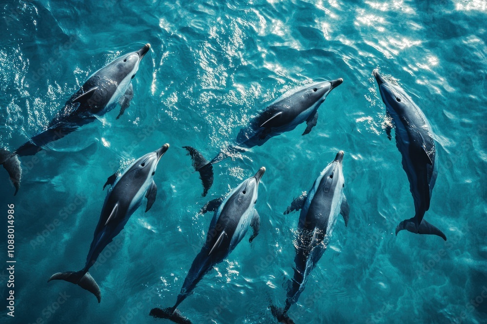 Fototapeta premium A pod of six playful dolphins swimming in clear blue water.