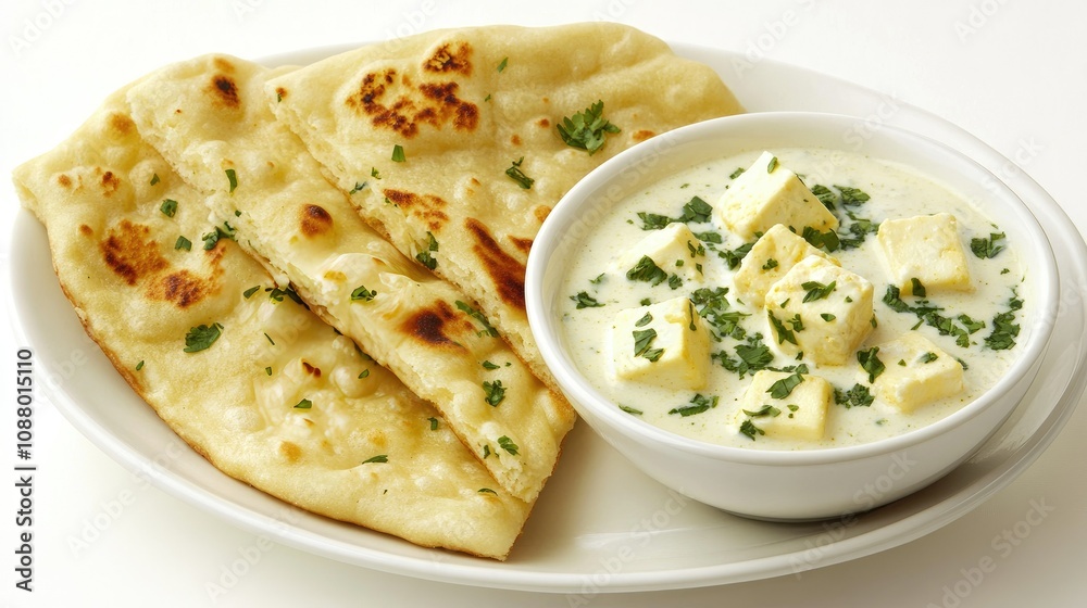 Soft Indian Naan Bread Served with Creamy Paneer Dish Garnished with Fresh Herbs, Perfect for a Flavorful Culinary Experience Soft Indian Naan Bread Served with Creamy Paneer Dish Garnished with Fresh Herbs, Perfect for a Flavorful Culinary Experience
