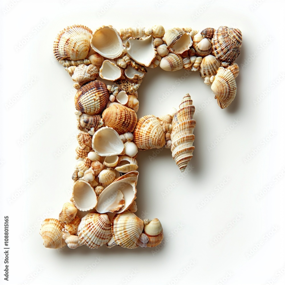 letter F uniquely crafted various seashells set pure white background highlights intricate designs and textures shells perfect coastal decor crafts. letter F uniquely crafted various seashells set pure white background highlights intricate designs and textures shells perfect coastal decor crafts.