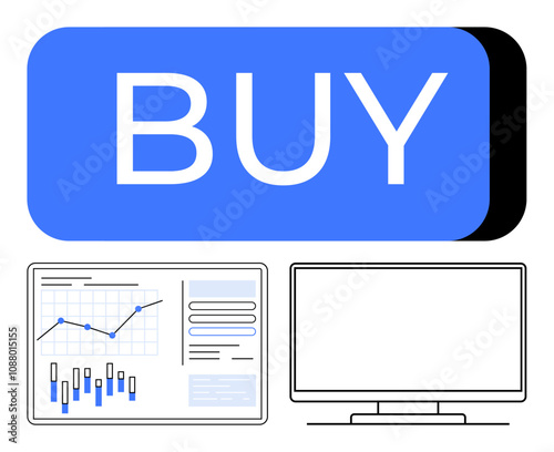 Large blue BUY button beside a computer monitor and financial data charts. Ideal for e-commerce websites, financial tools, stock trading, online investments, financial blogs, tech reviews, digital