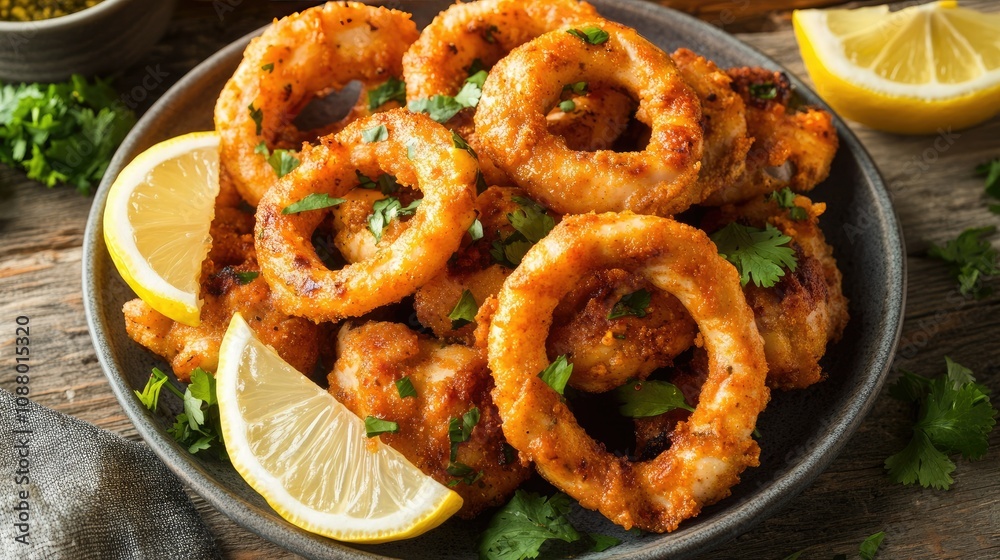 Crispy Fried Calamari Rings with Lemon Wedges and Fresh Herbs on Rustic Wooden Table Perfect for Food Photography and Culinary Showcase Crispy Fried Calamari Rings with Lemon Wedges and Fresh Herbs on Rustic Wooden Table Perfect for Food Photography and Culinary Showcase