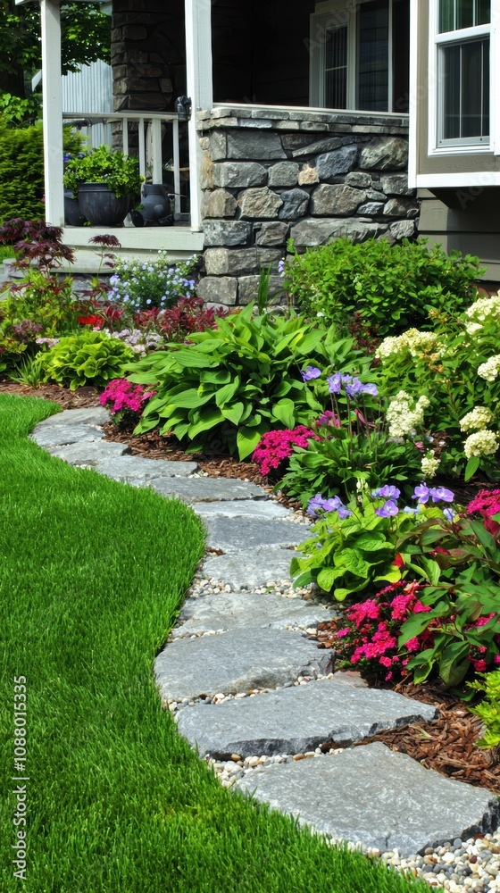 Naklejka premium Charming Garden Pathway with Colorful Flowers and Stone Edging Leading to a Cozy Home Exterior in a Lush Green Landscape